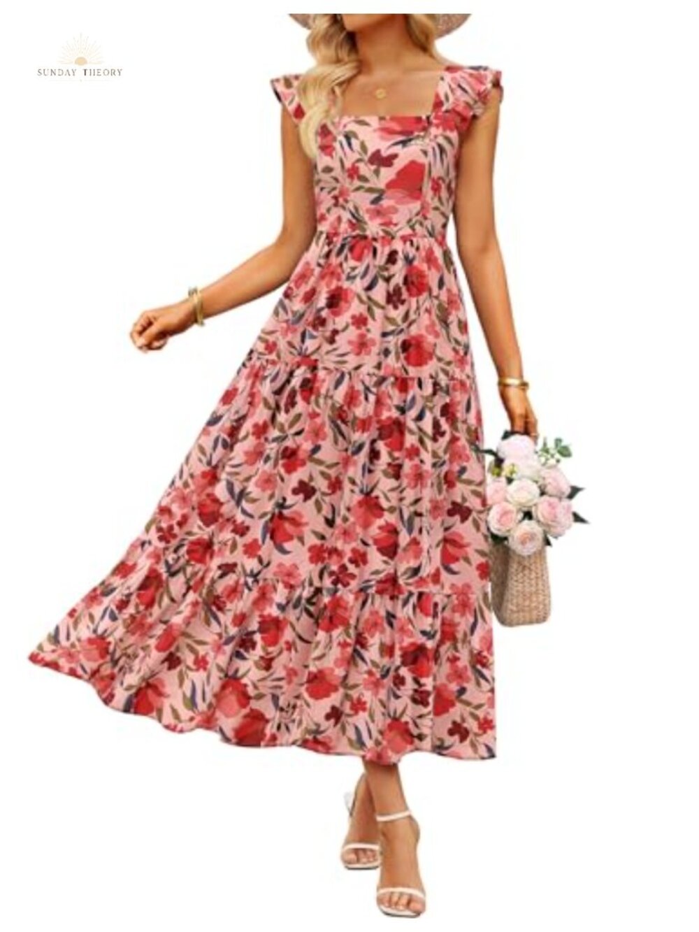 Boho Floral Midi Dress Ruffle Sleeve Square Neck A-Line Summer Wedding Guest